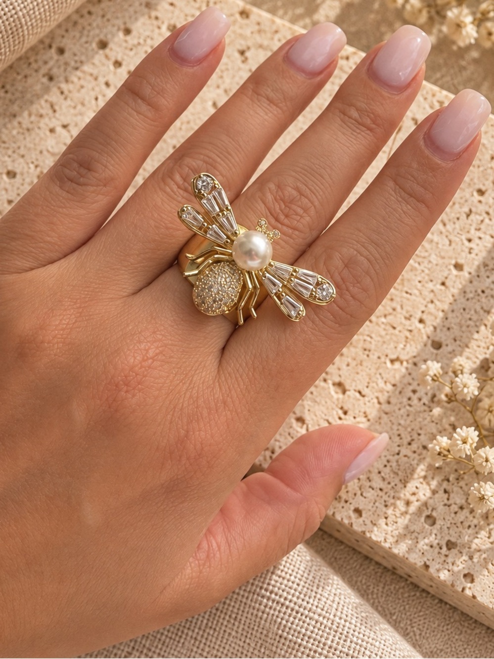 Gold Bee Pearl & Crystal Statement Ring